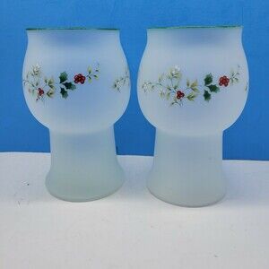 2 Pfaltzgraff Winterberry Frosted Floating Candle Holders Green Trim  7 7/8"